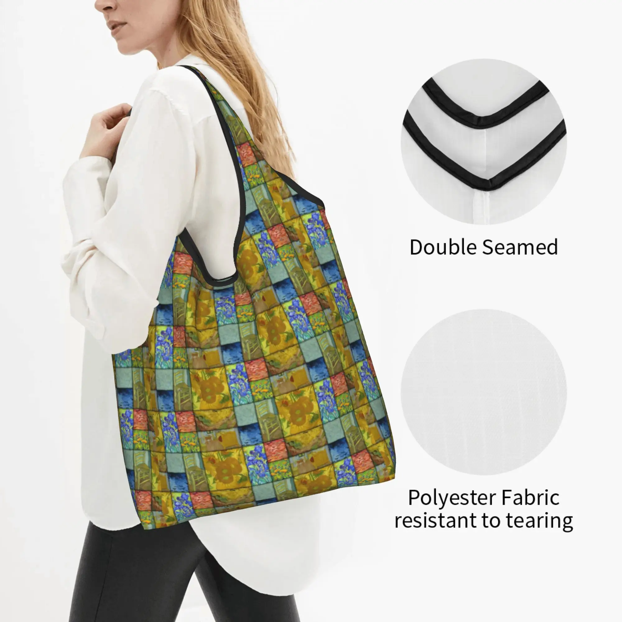 Custom Van Gogh Quilt Pattern with Sunflowers Irises Cornfields Shopping Bag Women Grocery Art Painting Shopper Tote Bags