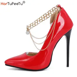 2024 Office Lady Classic Pumps Spring Autumn Thin Extreme High Heels 12cm Stilettos Chain Decorate Glossy PU Leather Party Shoes