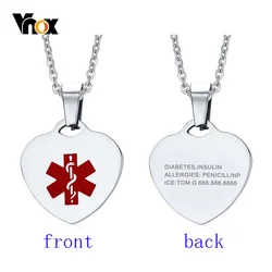 Vnox Custom Engrave Heart Shape Medical Alert ID Pendant Necklaces for Women 20 Inches Chain