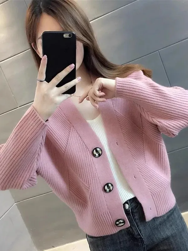

2025 Autumn Winter Thiened V-ne Open Cardigan Sweater Women's Loose Korean Sle ort Knitted Jaet Faionable All-match