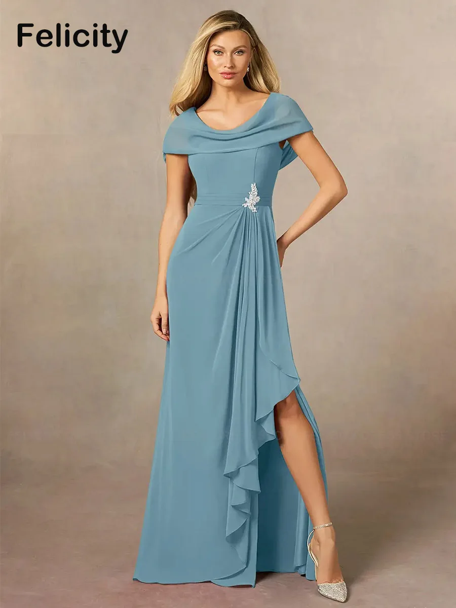 

Simple Mother of the Bride Dresses 2023 A-Line O-neck Pleated Formal Wedding Guest Party Dresses Side Slit Robes Invitée Mariage