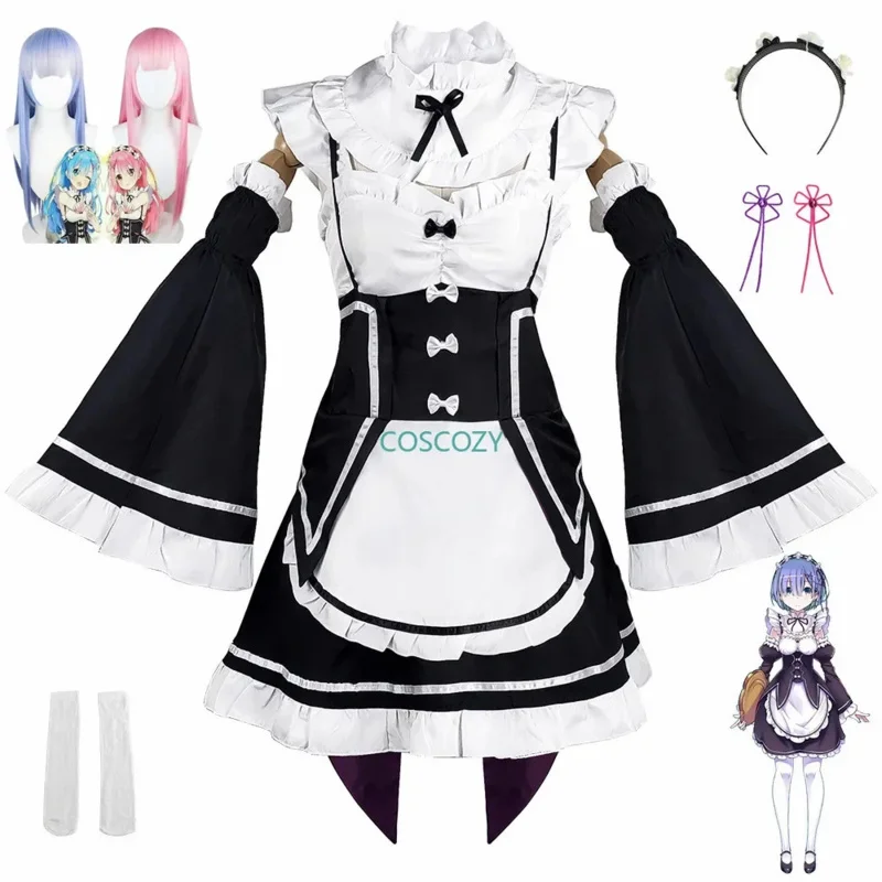 Ss13ram/rem cosplay re: zero kara hajimeru isekai seikatsu peruca longa trajes cocar terno de festa anime vestido de empregada traje