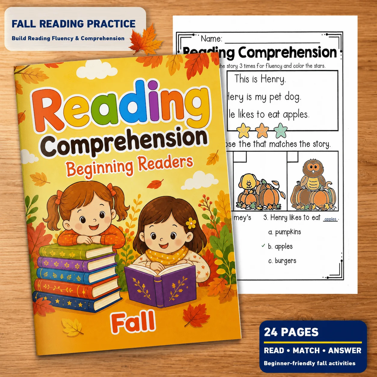 Fall Reading Comprehension Workbook, 24 Pages of Short Passages, Fluency, Picture Matching and Detail Questions