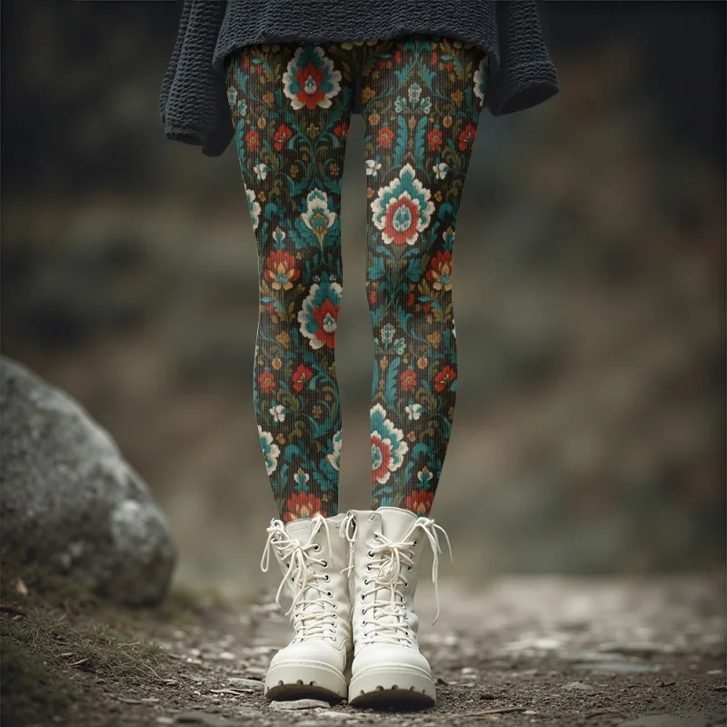 المرأة خمر الملونة الأزهار طباعة سميكة الشتاء طماق الجوارب الحرارية الدافئة لخريف شتاء موضة السراويل الناعمة بسط #1