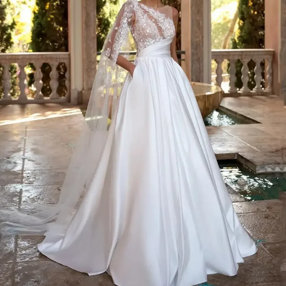 Vestidos de novia de lujo, vestidos de satén con hombros descubiertos y retazos de encaje, vestidos de boda, vestidos de graduación personalizados