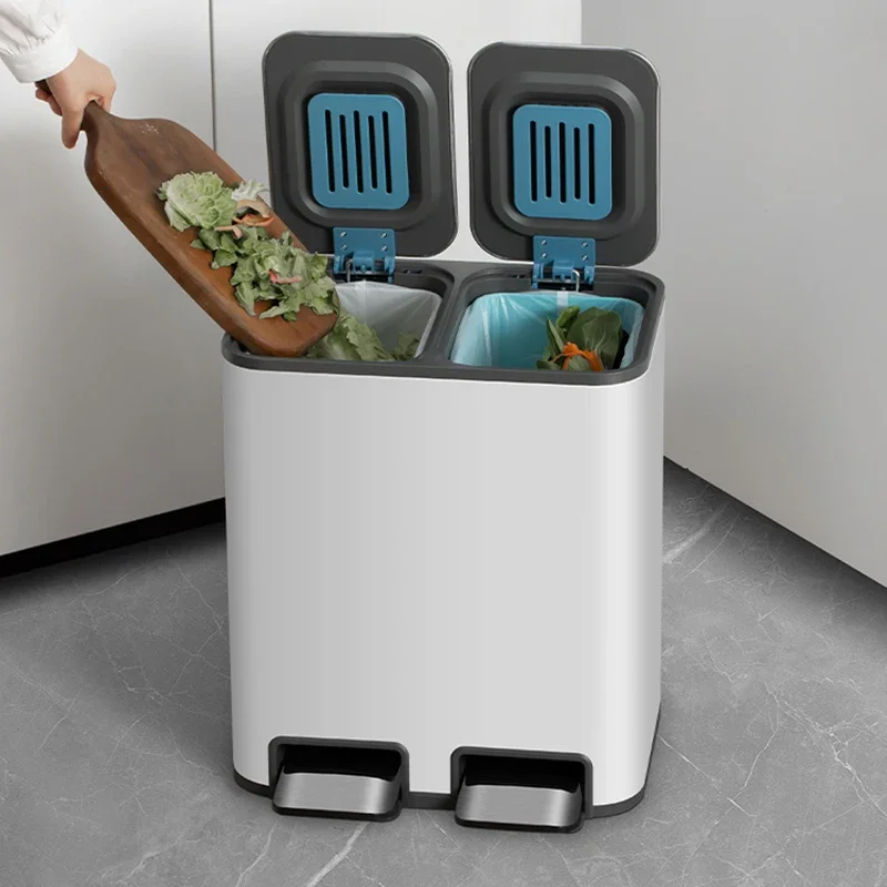 

Мусорный бак из нержавеющей стали с двойным отделением, 30 л, сухая и влажная сортировка, кухонная коммерческая ножная педаль, мусорное ведро с крышкой, защита от запаха