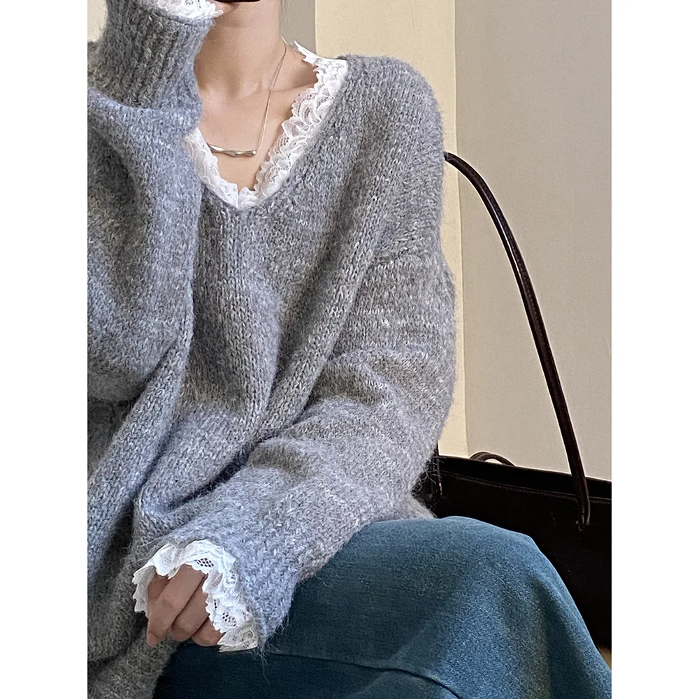 Automne hiver pull femmes col en V ample haut en tricot doux collant doux épissage dentelle paresseux Style décontracté hauts