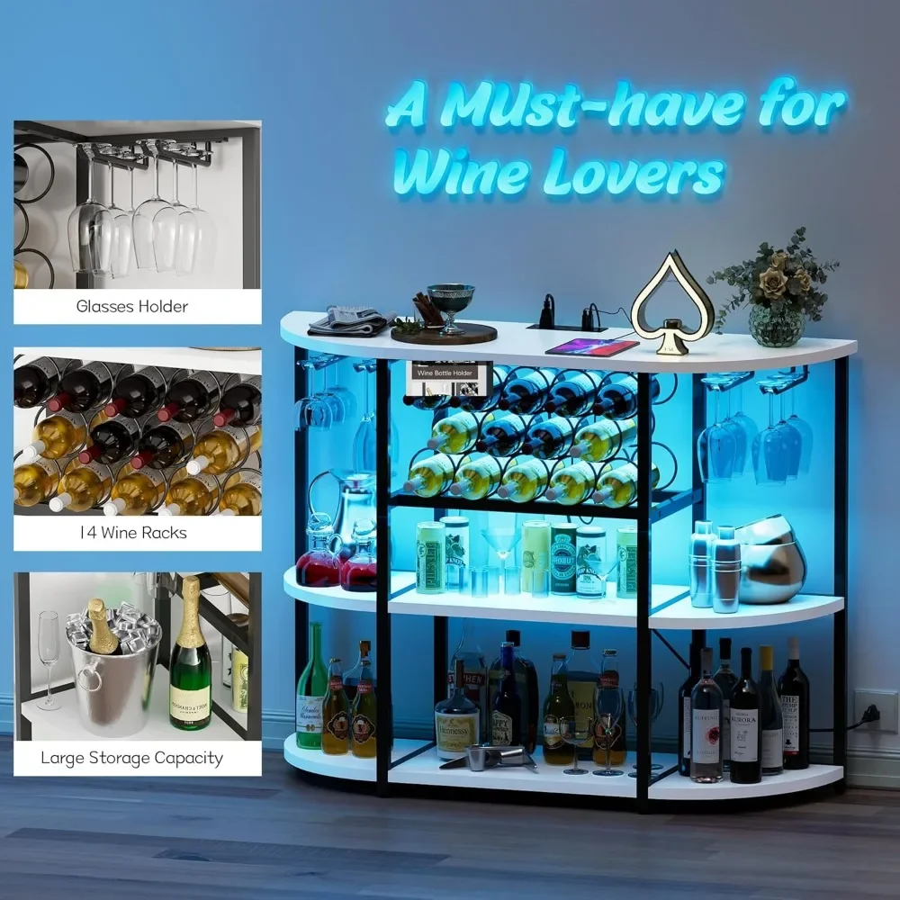 Wine Bar Cabinet for Liquor Bar Table Bar Cabinet with Lights and Outlet 4-Tier Storage  Wine Racks with Glass Holder Mini Bars