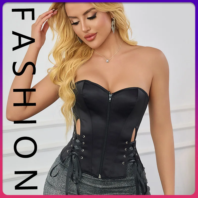 

Новый атласный корсет в стиле панк Spice Girl на молнии, однотонный корсет на груди, уличный жилет с лямкой на талии «рыбий кости», новинка 2023 года