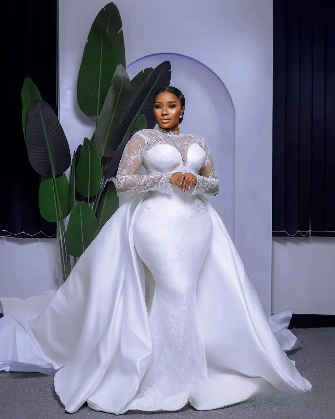 تخصيص زائد حجم فستان الزفاف حورية البحر للعروس انفصال قطار فساتين الزفاف الأفريقية عالية مطرز الدانتيل الأكمام الطويلة #5