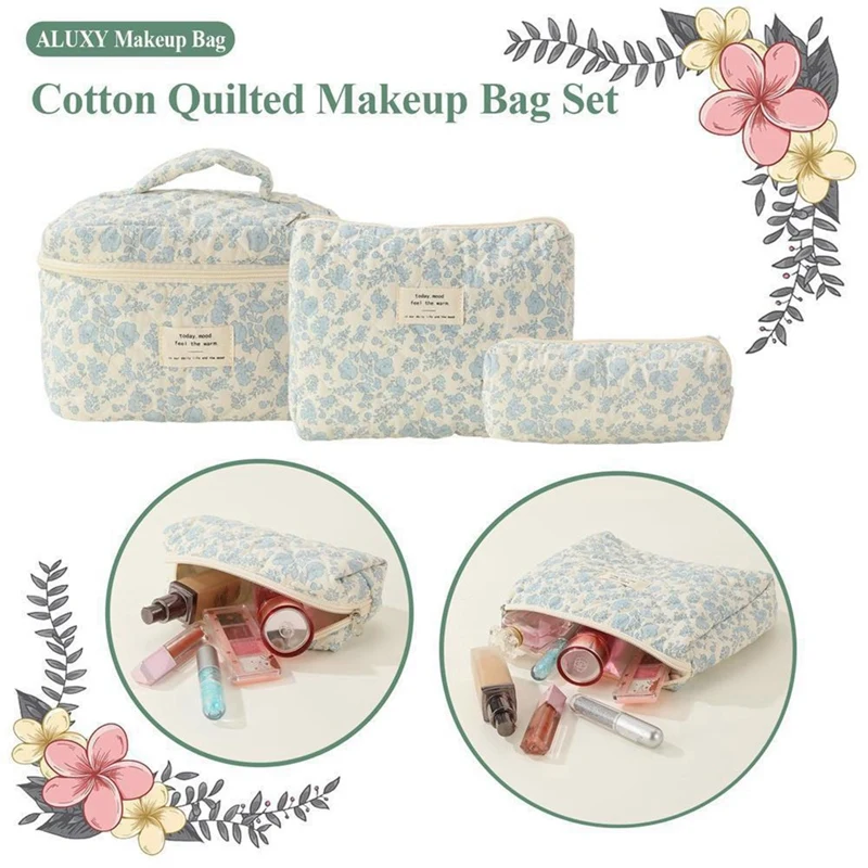 Makeup Cosmetic Bag Large Capacity Makeup Bag 3 Pcs Cotton Quilted Makeup Bag Aesthetic Floral Toiletry Bag For Women I