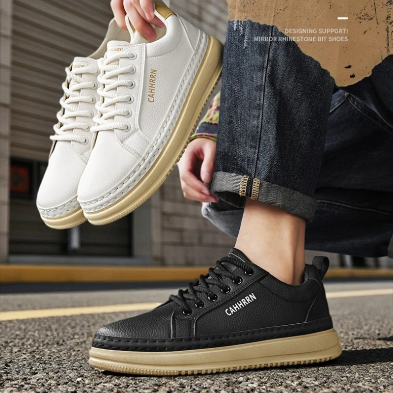 

Men's Leather Shoes with Color Matching Fashionable Large-sized Flat Low Top and Round Toe Spring and Autumn Lace-up Sneakers
