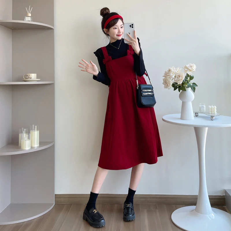 

Autumn and Winter Loose Pregnant Women Two-piece Dress Suits Long Sleeve Top Red Strap Dress with Bowknot Maternity Clothes Sets