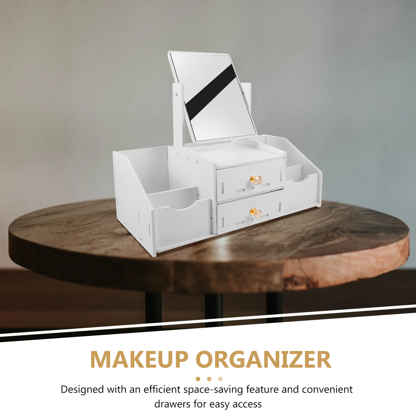 

Multifunctional Makeup Mirror Organizer White WPC Desktop Storage Vanity Countertop Bathroom Organizer for Jewelry