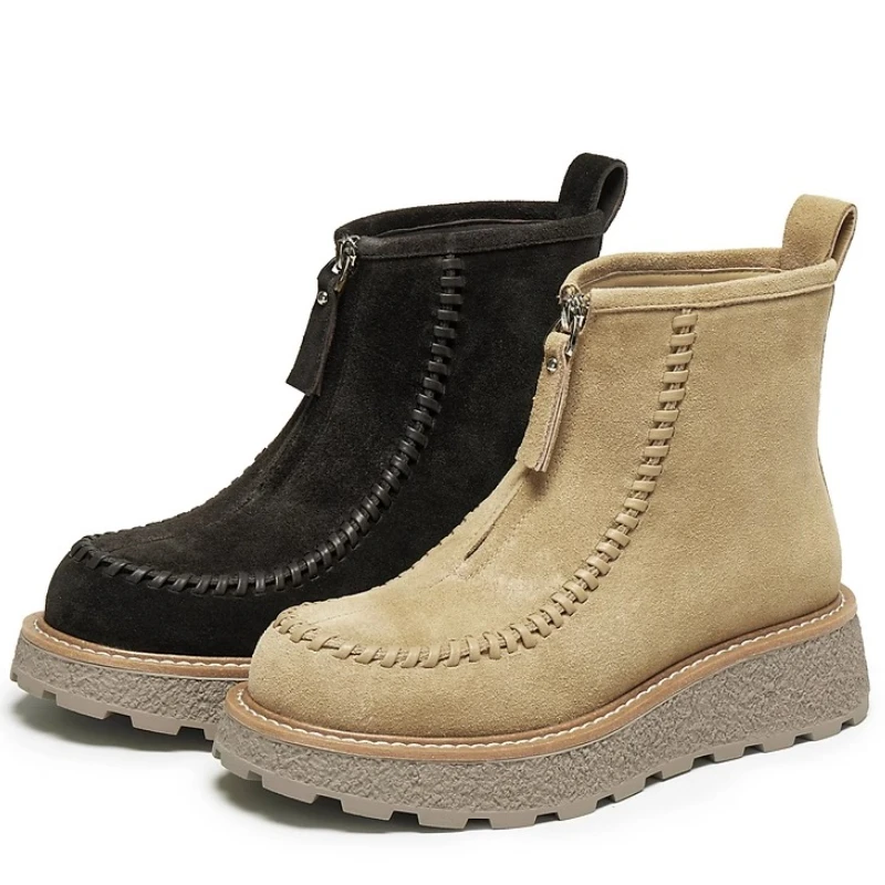 

Winter Retro Snow Shoes for Women's Outdoors Velvet Warm Casual Shoes Front Zipper Thick Bottom Fashion Height-increasing Shoes