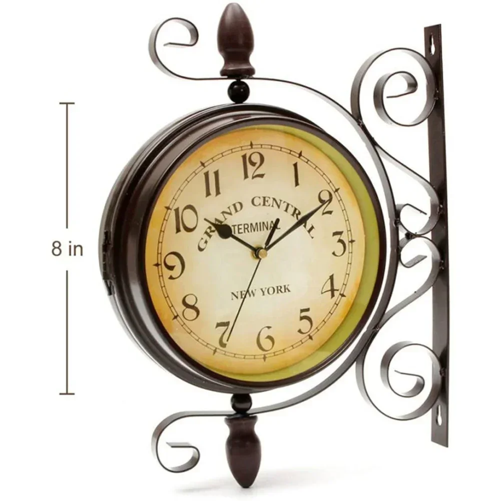 Vintage  Double Sided Wall Clock Battery Operated Wrought Iron Train Grand Station Style For Patio Pool Garden Decor Antique