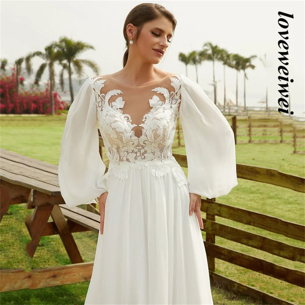 V Neck Vintage Princess Wedding Dresses Lace Applique Chiffon Puffy Long Sleeves Bride Gowns with Sweep Train Bridal Robes De