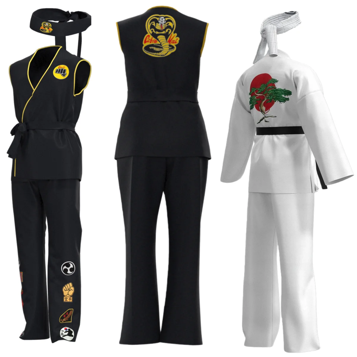 Fantasia de Cosplay do Filme Karate Kid KOF Cobra Kai, Uniforme de Kimono Preto e Branco com Faixa para Crianças e Adultos, Traje de Halloween
