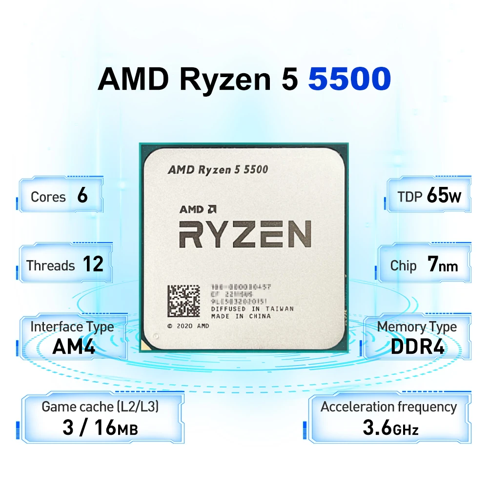 AMD R5 5500 6 ядер, 12 потоков до 4,2 ГГц, 65 Вт TDP Zen 3, поддерживает настольный офисный процессор PCIe 3.0