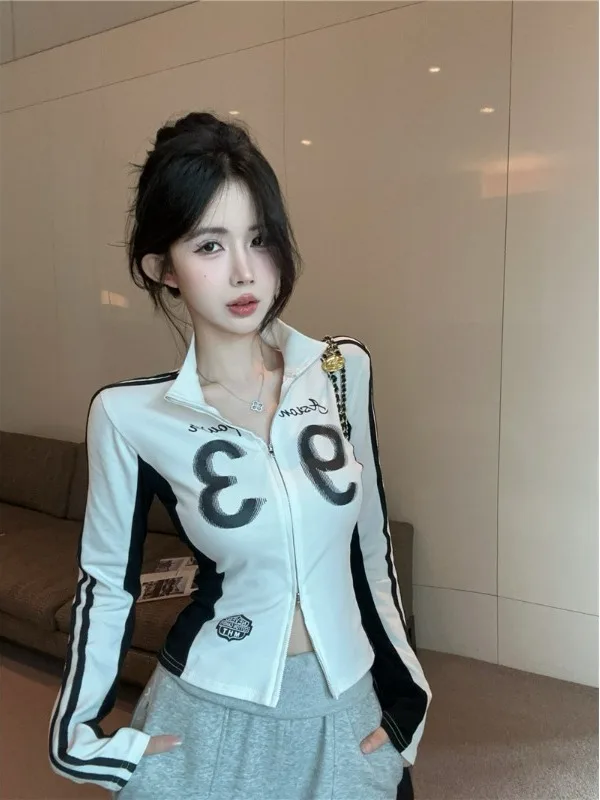 Retro Amerykańska Wiosenno-Jesienna Kurtka z Podwójnym Zamkiem, Długi Rękaw, Stójka, Damska, Dopasowany Krój, Stylowy Top