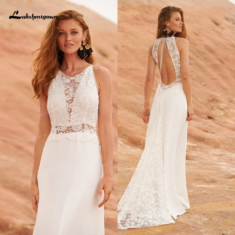 Elagent Boho Chiffon Wedding Dresses 2021 vestido de novia Halter Neckline Beach Lace Sweep Train Bridal Gown for Women Backless