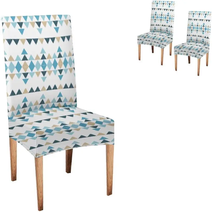 Geometric Blue Beige Triangle Chair Cover 1Pc, Stretch Removable Slipcover Anti-dust Seat Protector for Kitchen Wedding Party