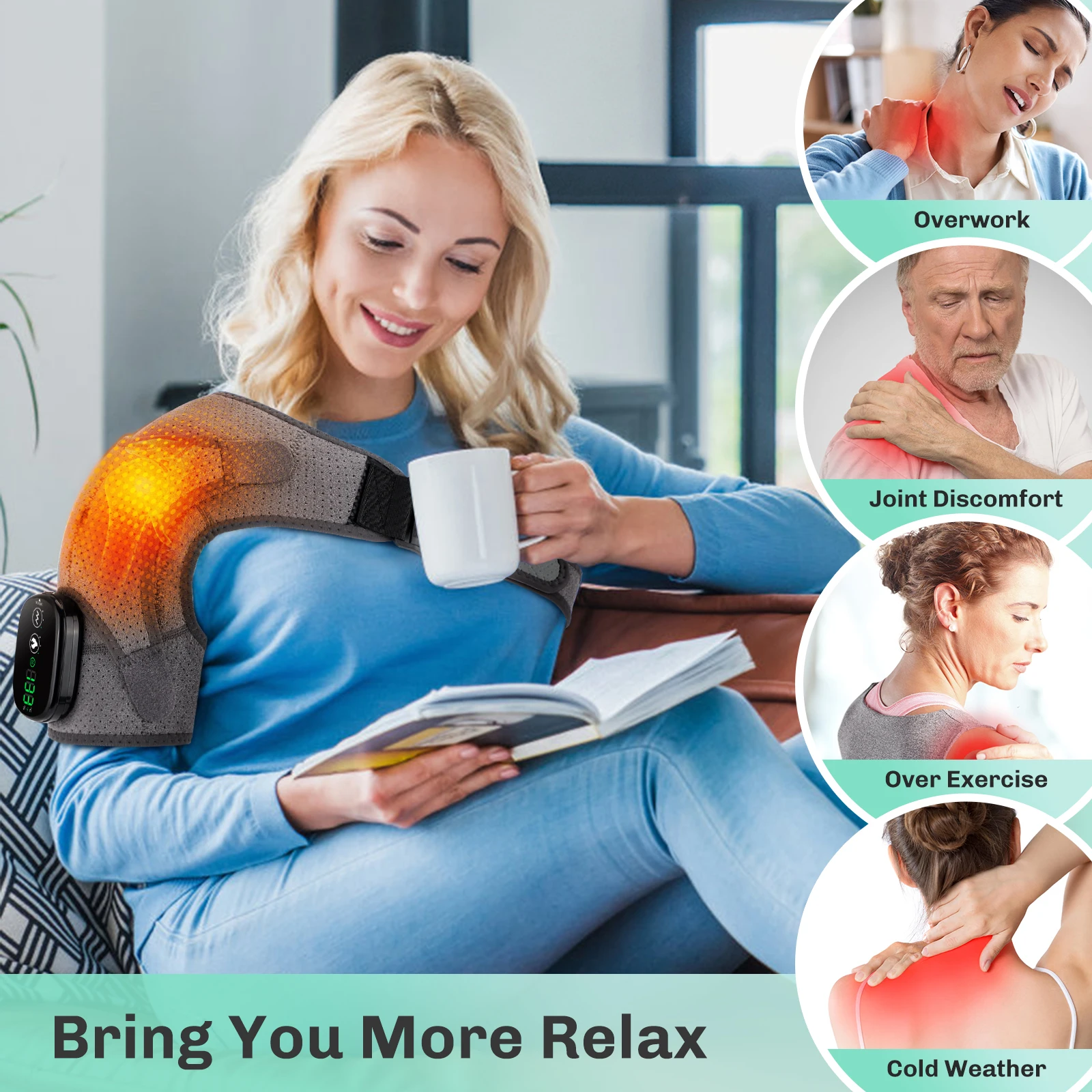 Electric Heating Shoulder Massager Vibration Cordless Massage Belt Pad Hot Compress