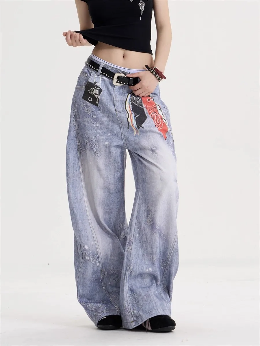 

Y2K Женские джинсы Spicy Girl с принтом оригинального качества, изогнутый нож, с низкой талией, свободные прямые широкие брюки, повседневные