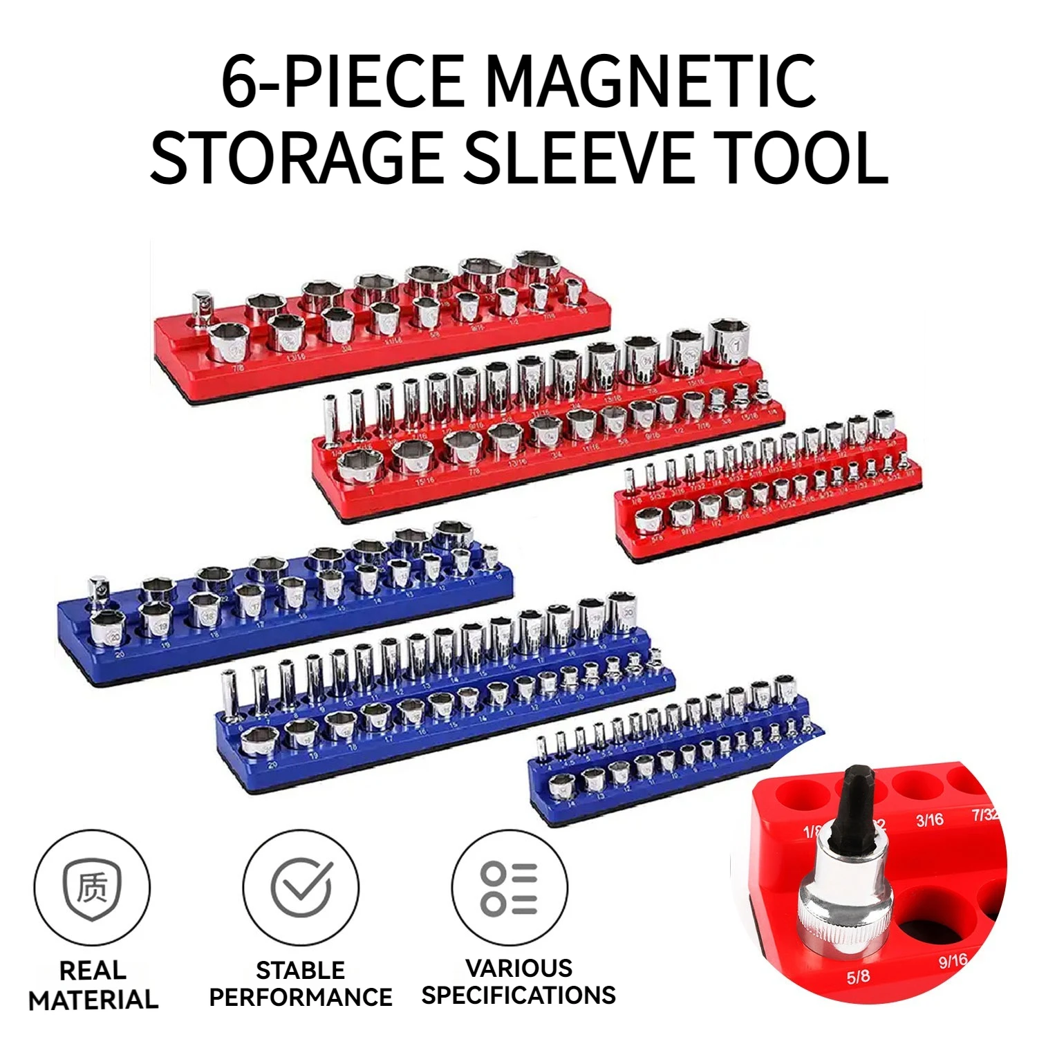 

Magnetic Socket Organizer, 6-Piece Tool Organizers 1/2 inch, 3/8 inch,1/4 inch DriveHolds 143 Pcs Standard and Deep Size Sockets
