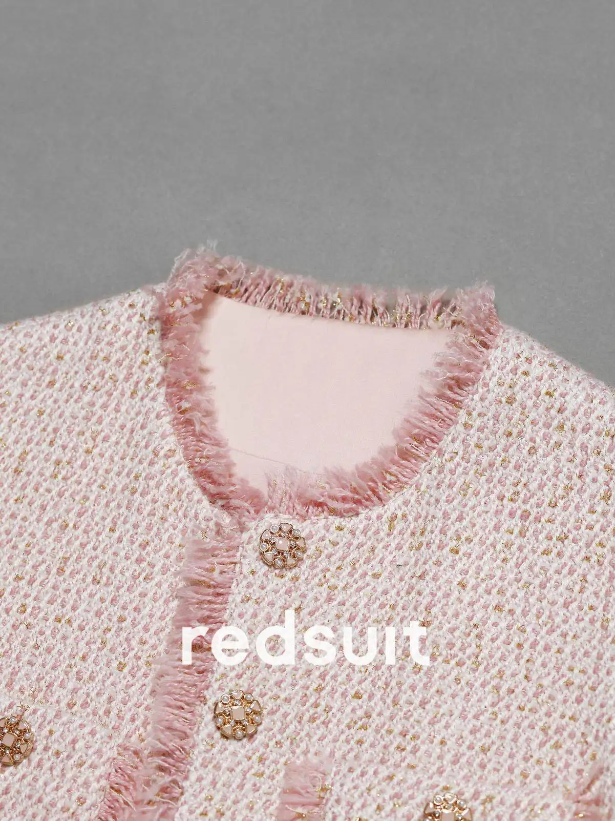 New Pink coarse tweed round neck for slimming fashionable style Custom size