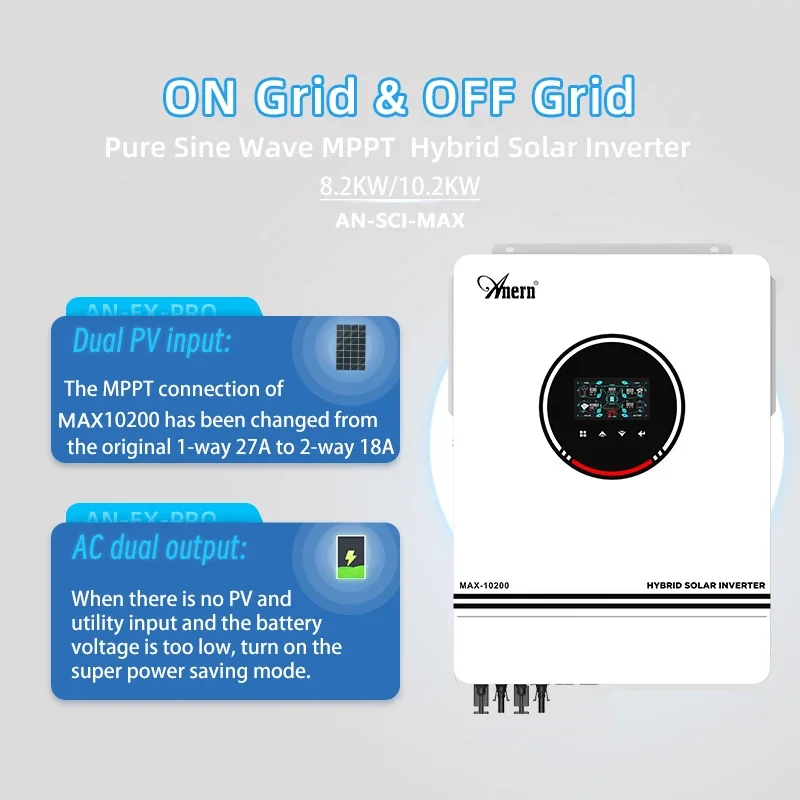 10.2KW 8200W 10200W On and Off Grid Dual MPPT Solar Inverter Hybrid 160A 230V Pure Sine Wave DC 48V for Battery Charger