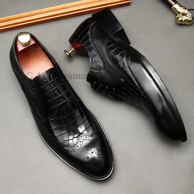 HKDQ Fashion Dress Leather Shoes Men Black Genuine Leather Pointed Toe For Wedding Brogues Italy Business Formal Men Oxford Shoe