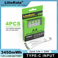 LiitoKala 1.5V AA Battery LA3450T 3450mWh Lithium-ion Rechargeable for Camera Remote Control + USB 1-to-4 Type-C Charging Cable