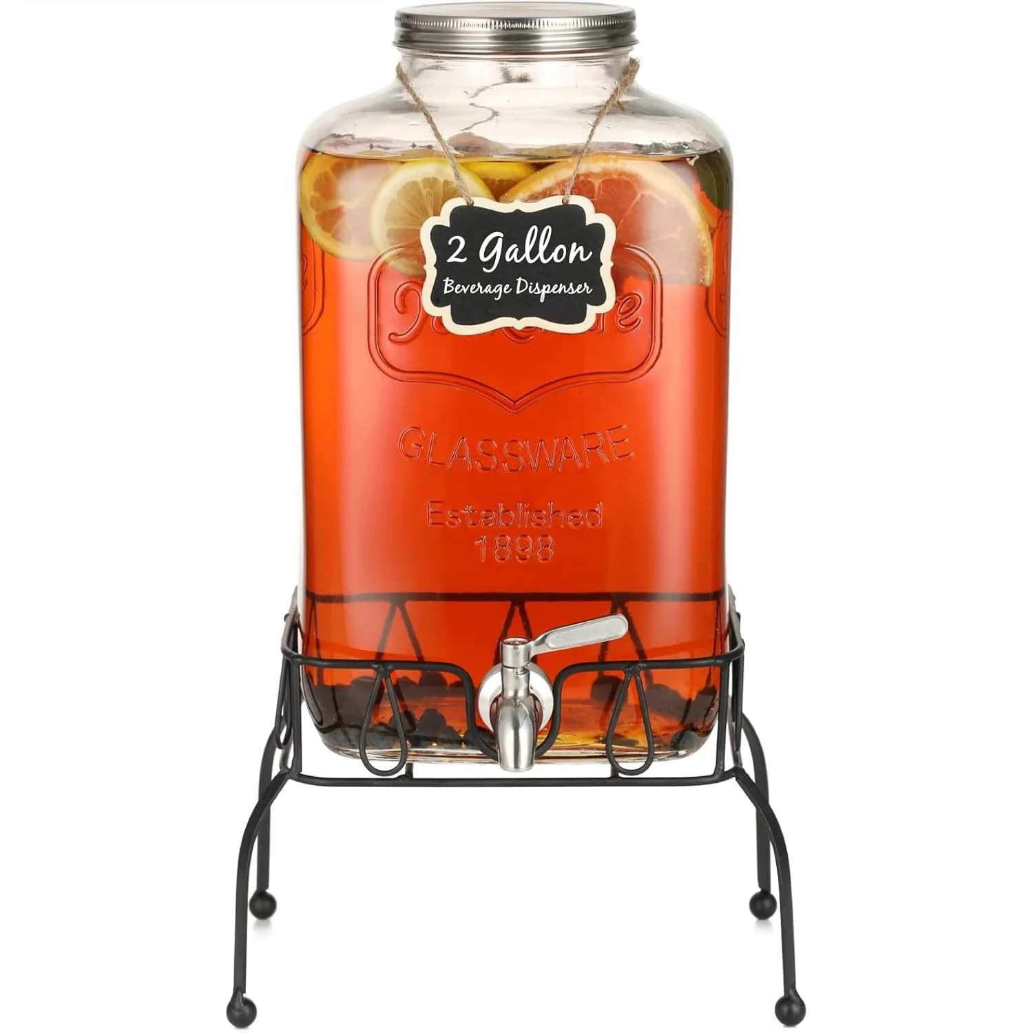 

2 Gallon Glass Drink Dispenser with Stand, Stainless Steel Leakproof Spigot and Lid, Beverage Dispenser for Parties