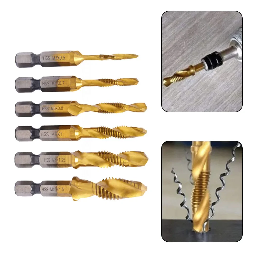 

6pcs HSS Hex Shank Metric Thread Tap Drill Set 635mm With Spiral Flute For Tapping Metal Wood Plastic Materials
