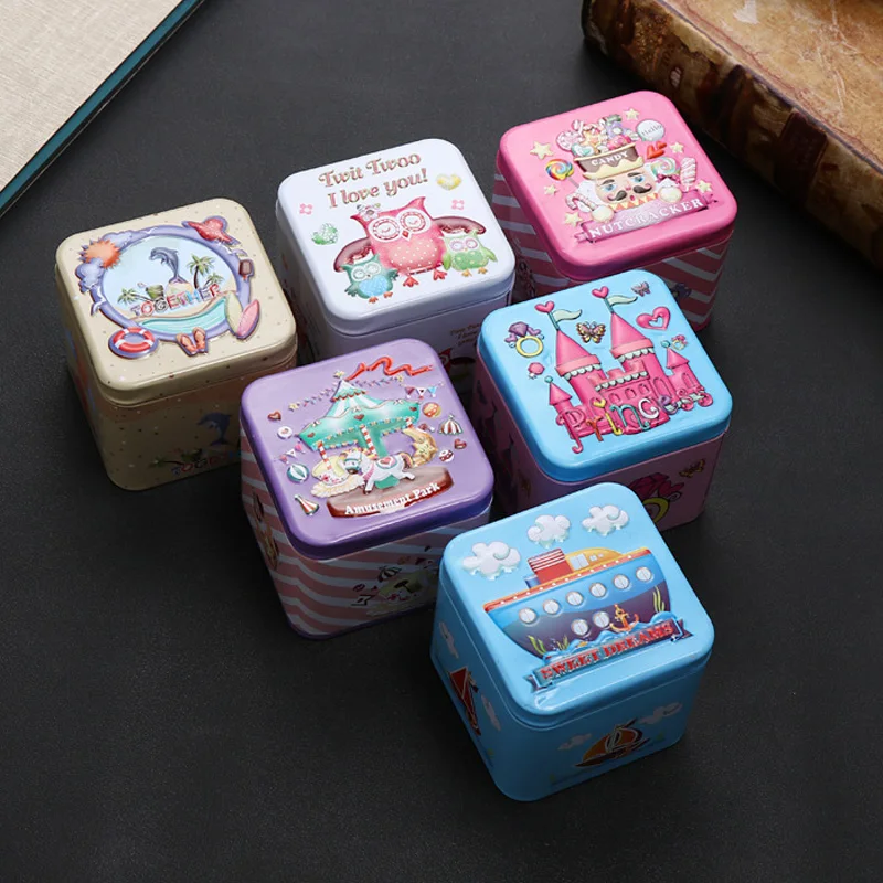 Cartoon Relief Tin Box Square Tinplate Storage Jars Candy Biscuit Tea Storage Container Gift Box For Wedding Baby Shower Party