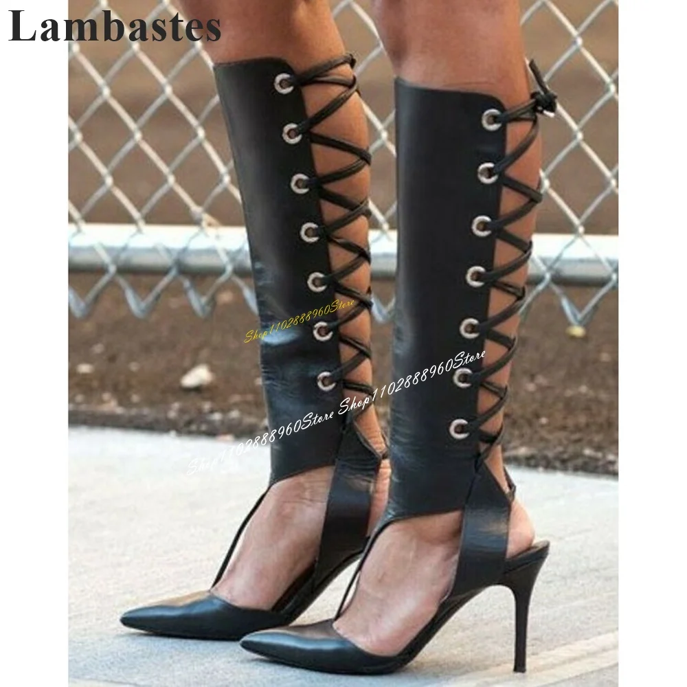 

Trendy Knee High Black Eyelet Sandals Thin High Heel Shoes For Women Cross Tied Pointed Toe 2024 Fashionable Zapatillas Mujer