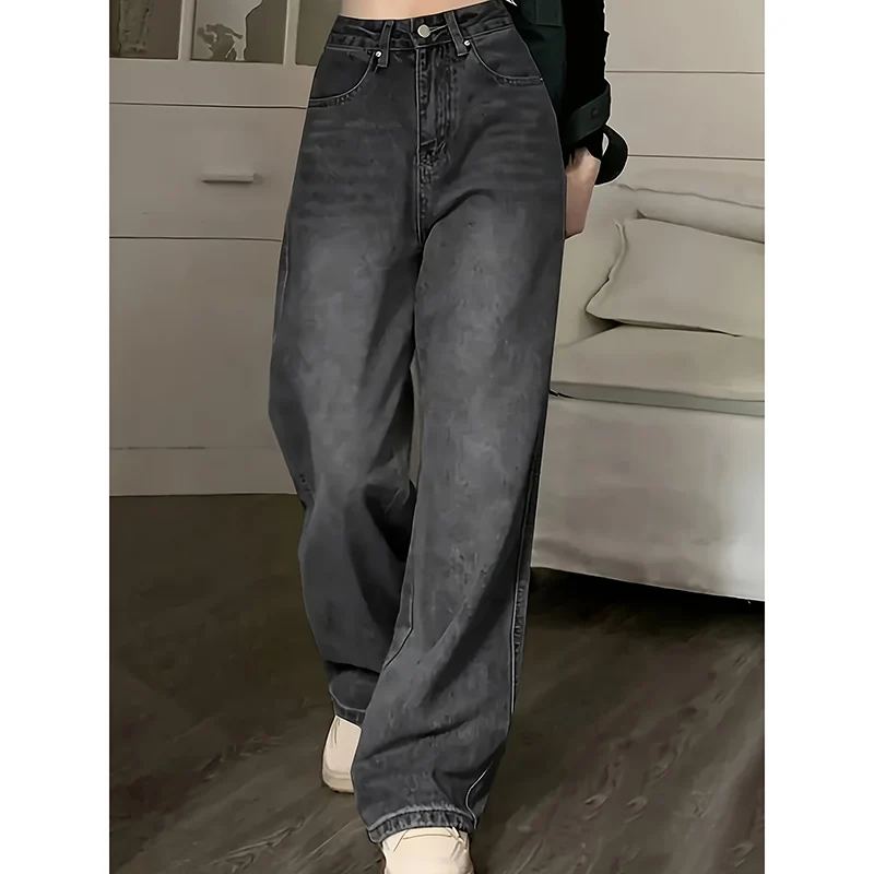 Designer Wide Leg Jeans for Women Classic Gray High Waist Straight Leg Pants with Goth Style