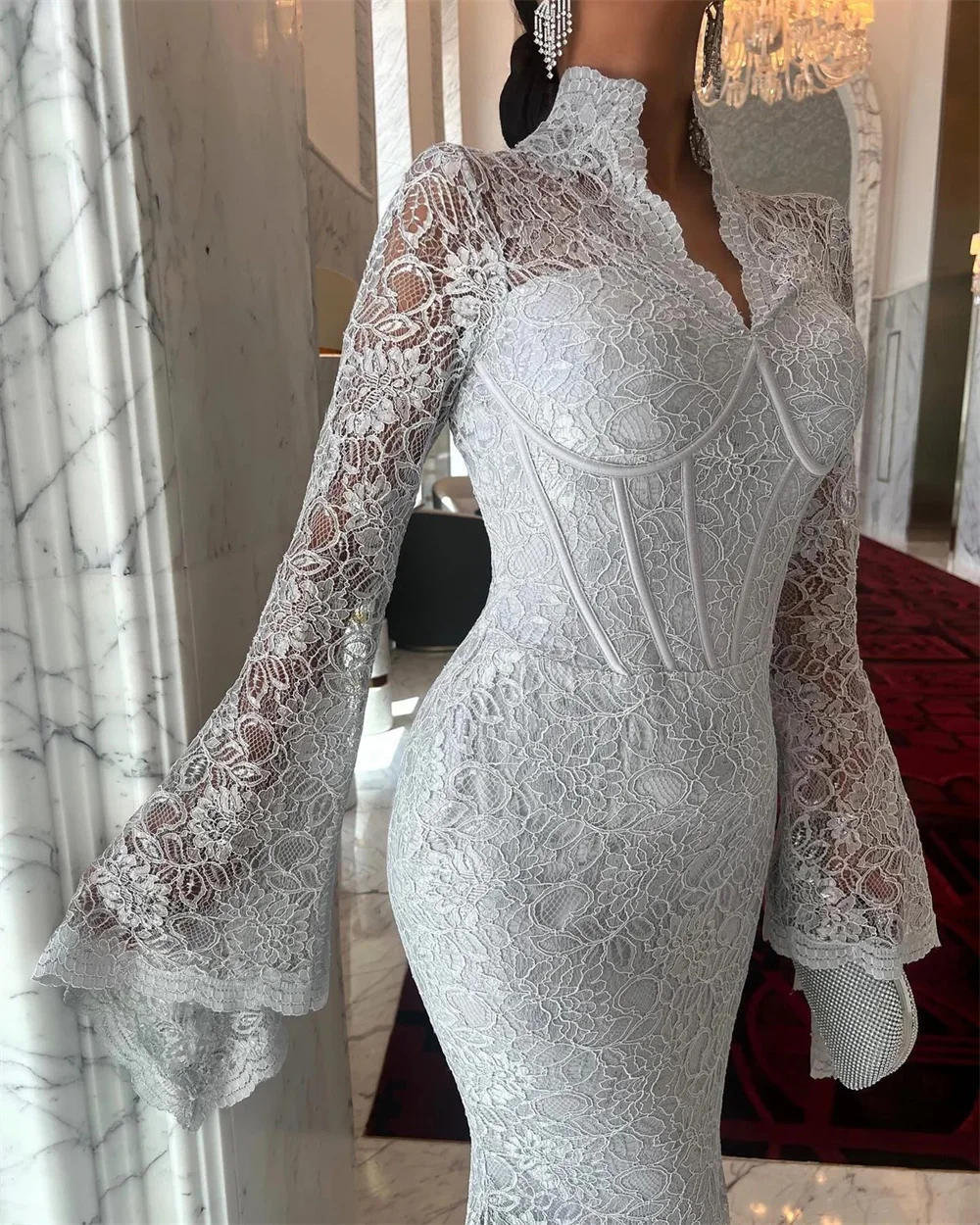 Mila Kant Zeemeermin Galajurken Lange Bell Mouw V-hals Aangepaste Avond Vrouw Jurken Elegante Vloerlengte vestidos de gala