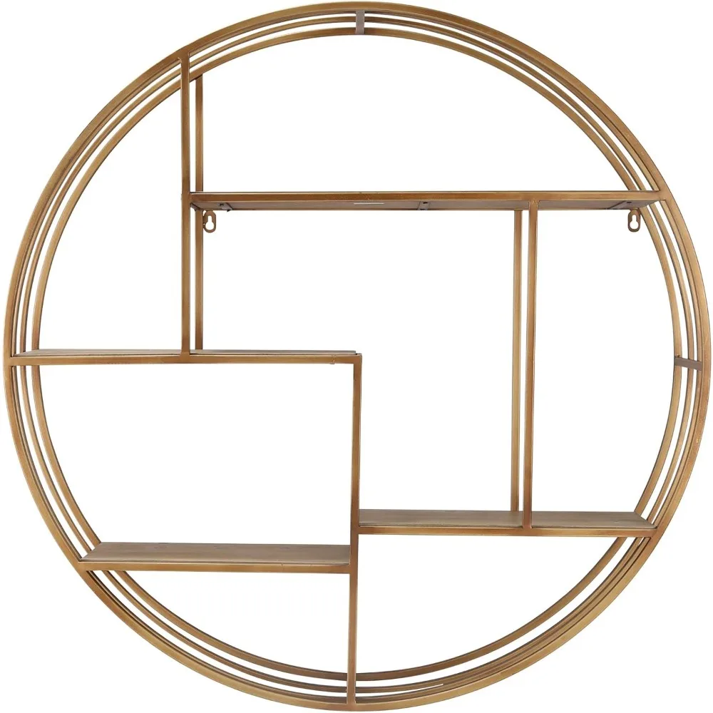 

Round Wall Shelf Wood Floating Storage Rack, Decorative Bronze Display Shelves for Home, Office, Bedroom Living Room