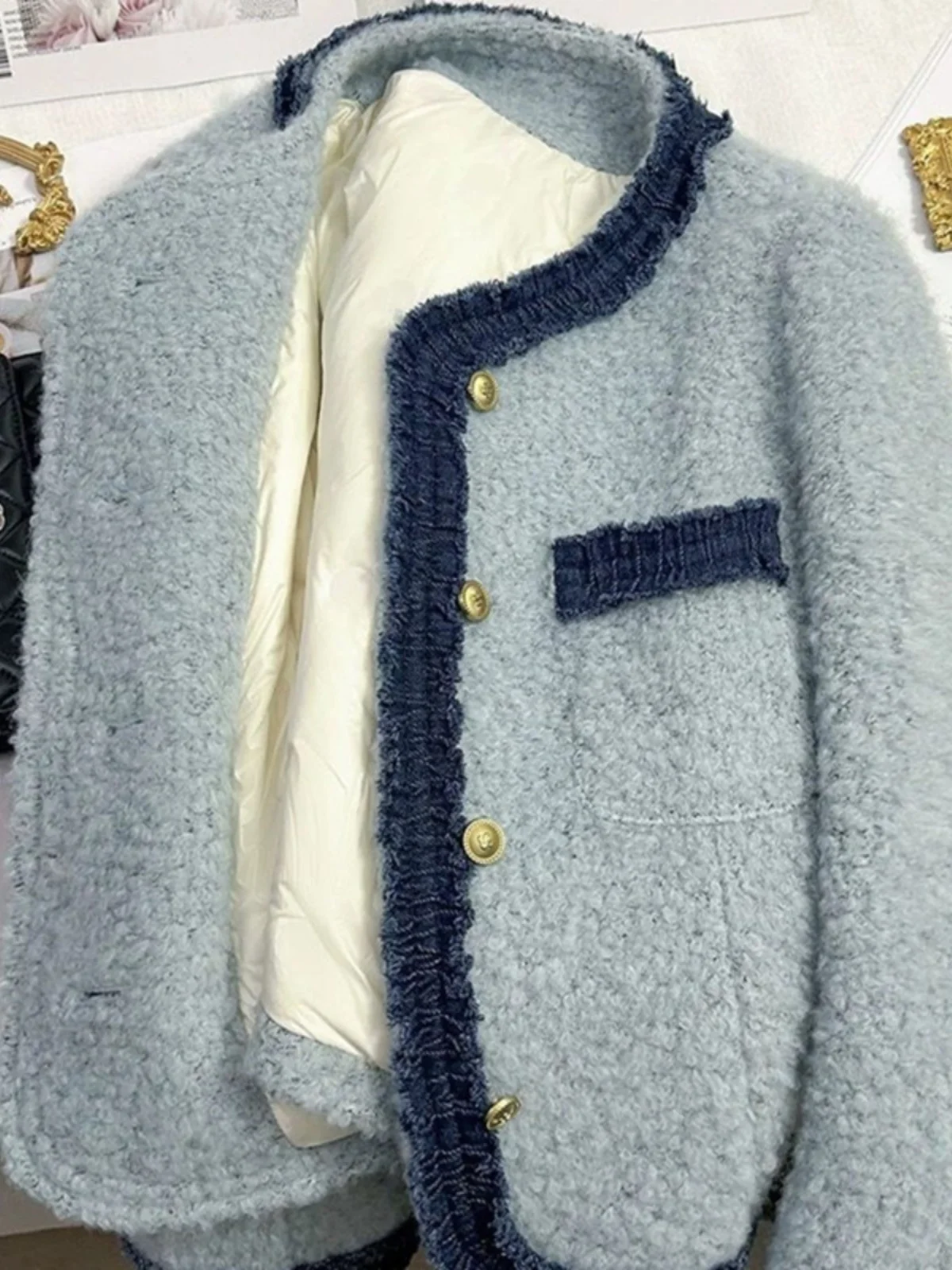 

Твидовый жакет темно-синий женский зимний винтажный с декоративной шнуровкой, миниатюрный, в стиле леди, с бахромой, пайетками, асимметричный, нежный