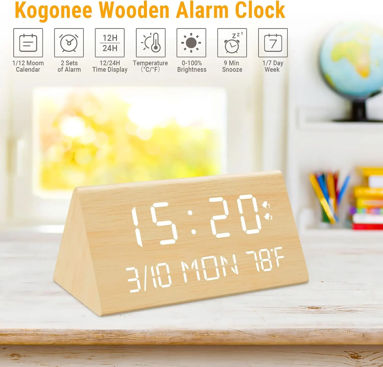 Wooden Digital Alarm Clock with 0-100% Dimming Double Alarm Clock Working Day Temperature Humidity Date Display Office Bedroom