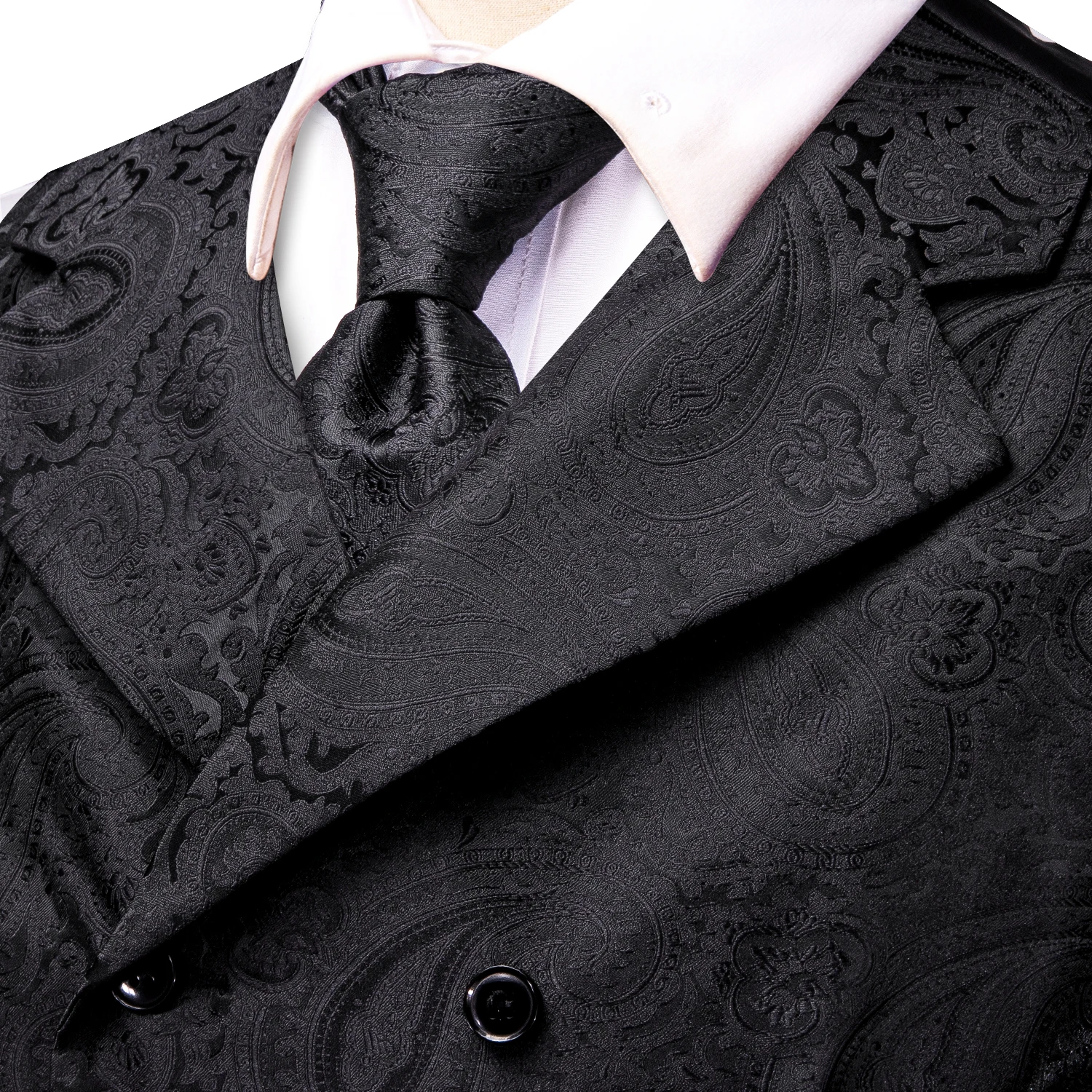 Business Black Men Vest Formal Silk Solid Paisley Jacquard Waistcoat Jacket NeckTie Hanky Cufflinks for Men Designer Gift Hi-Tie