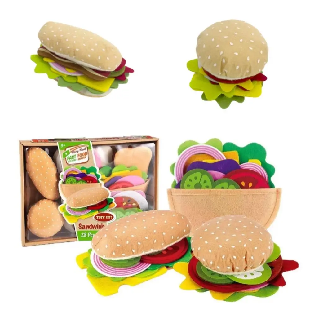 28 Uds. De comida de fieltro, sándwich de hamburguesa, juego de comida para niños, juguetes de sándwich de comida, regalos de juego de rol de cocina para niños