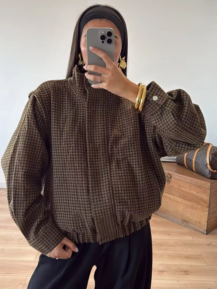 

Винтажная клетчатая женская куртка, шикарное короткое пальто с воротником-стойкой на молнии, куртки-бомберы с длинными рукавами, верхняя одежда, 2026, новые женские повседневные пальто ﻿