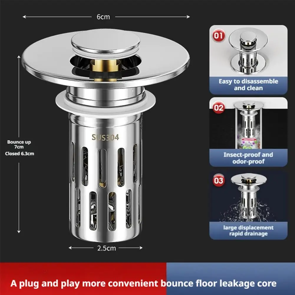 

Basin Drain Plug Universal Rebound Chrome Sink Filter Easy Push Type Hair Catcher Basin Pop-Up Bathroom Sink Drain Stopper