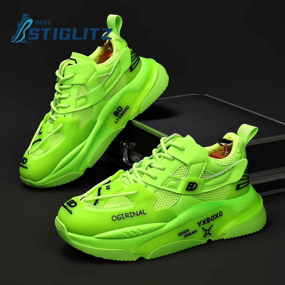 Tênis casual fluorescente masculino, almofada de ar, absorção de choque, calçados esportivos, plano, design exclusivo, moda, novo