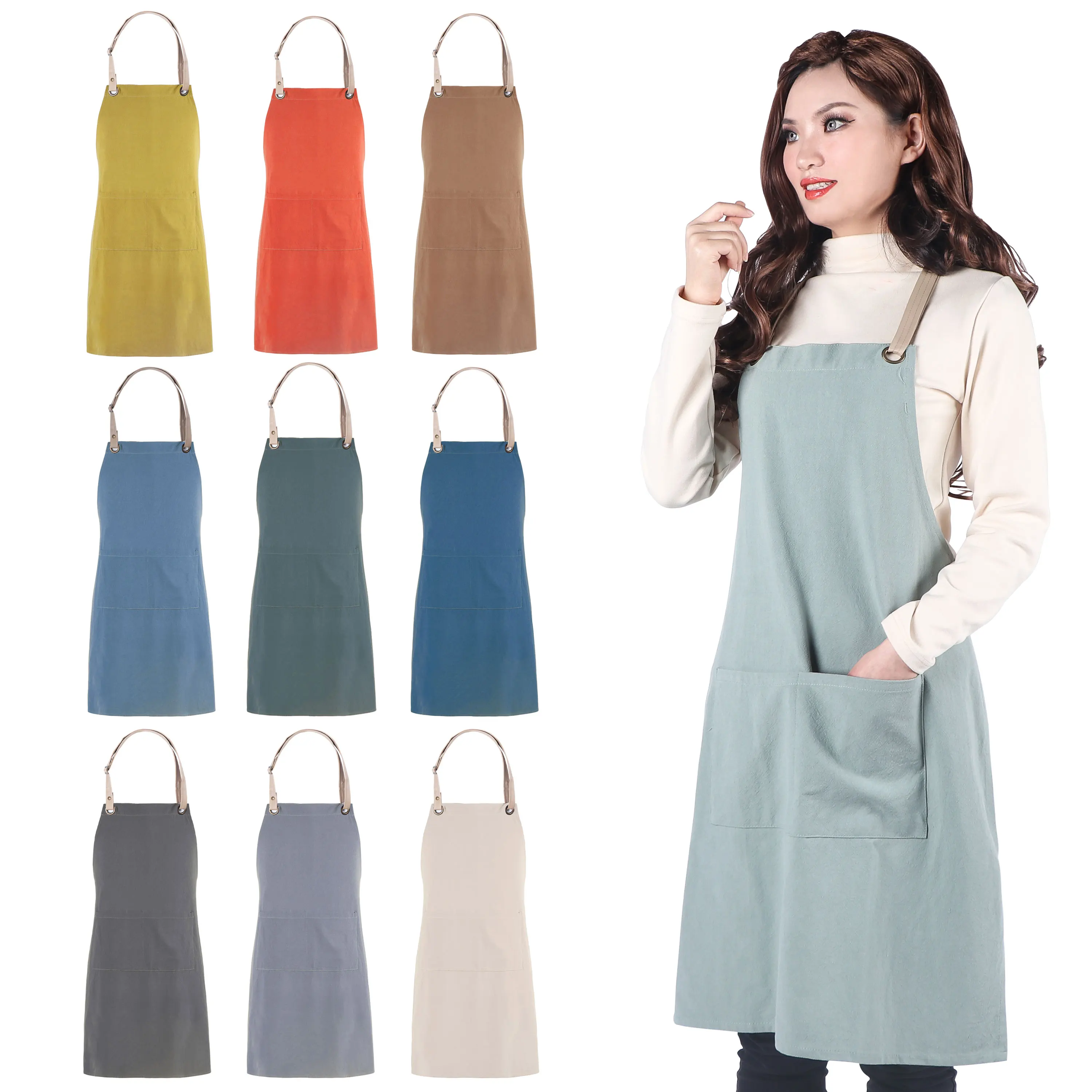 Cotton Linen Cooking Apron for Men and Women, Adjustable Neckband Dress for Home Cleaning, Garden Kitchen, Cafe Chef Dress