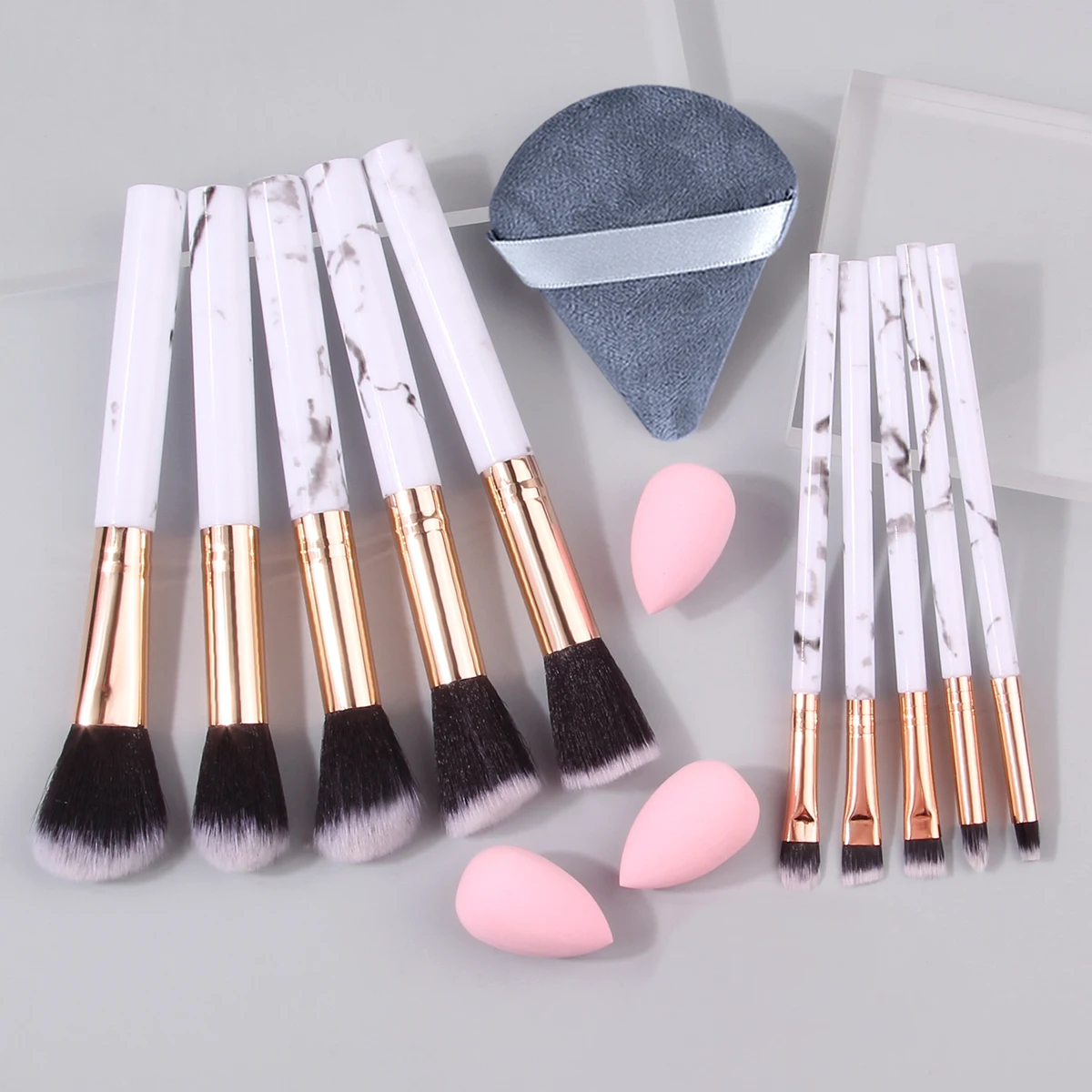 10PCS Marbled loose powder blush makeup brush set +3PCS mini sponge egg +1PCS triangular powder puff beauty tool