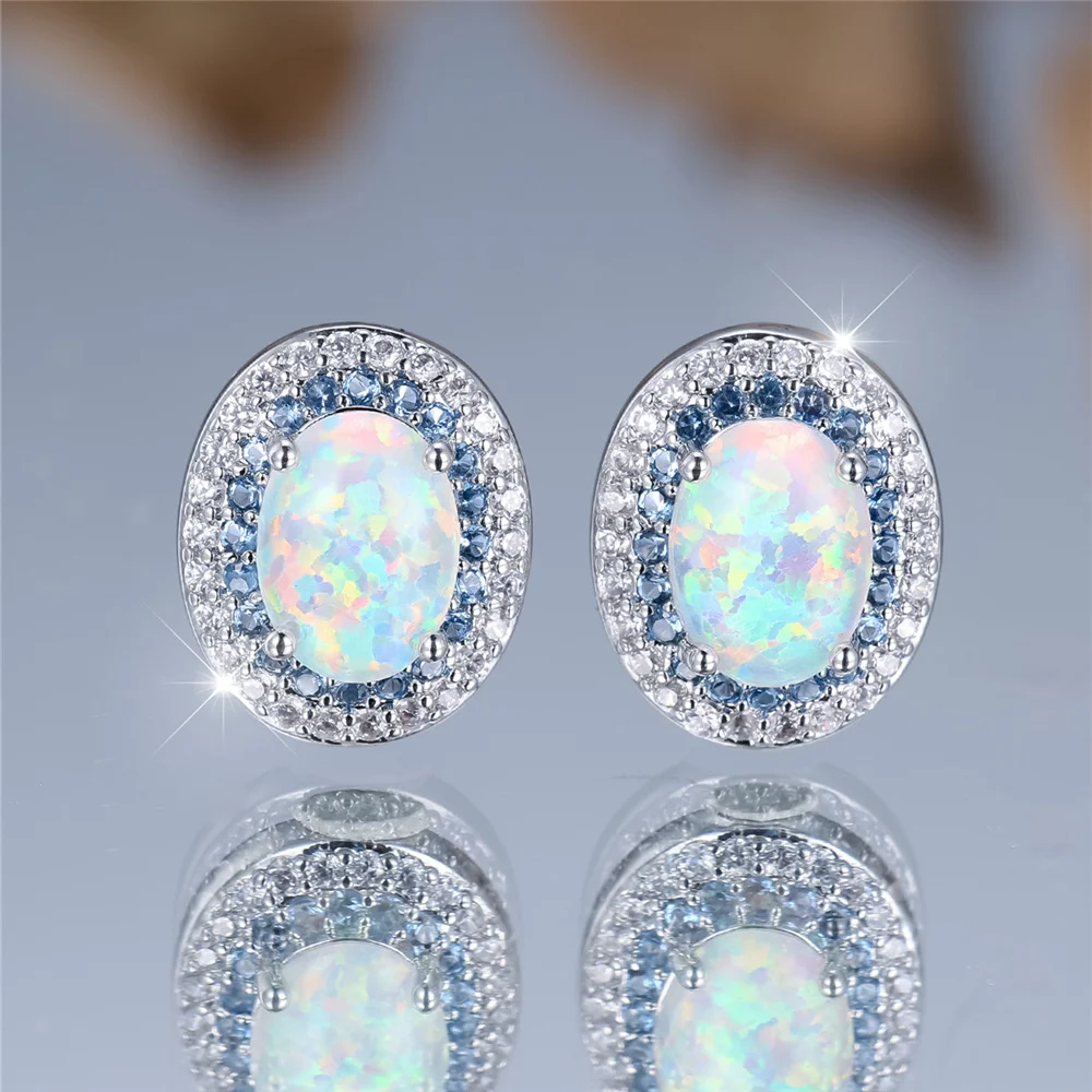 Cute Female Crystal Stone White Opal Oval Stud Earrings Silver Color Wedding Jewelry For Women